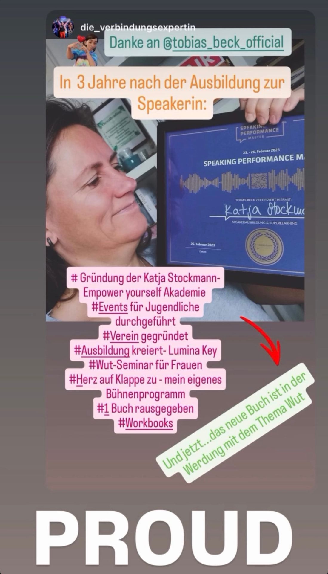 PROUD-Story mit Speaking-Performance-Master-Zertifikat und Liste eigener Projekte